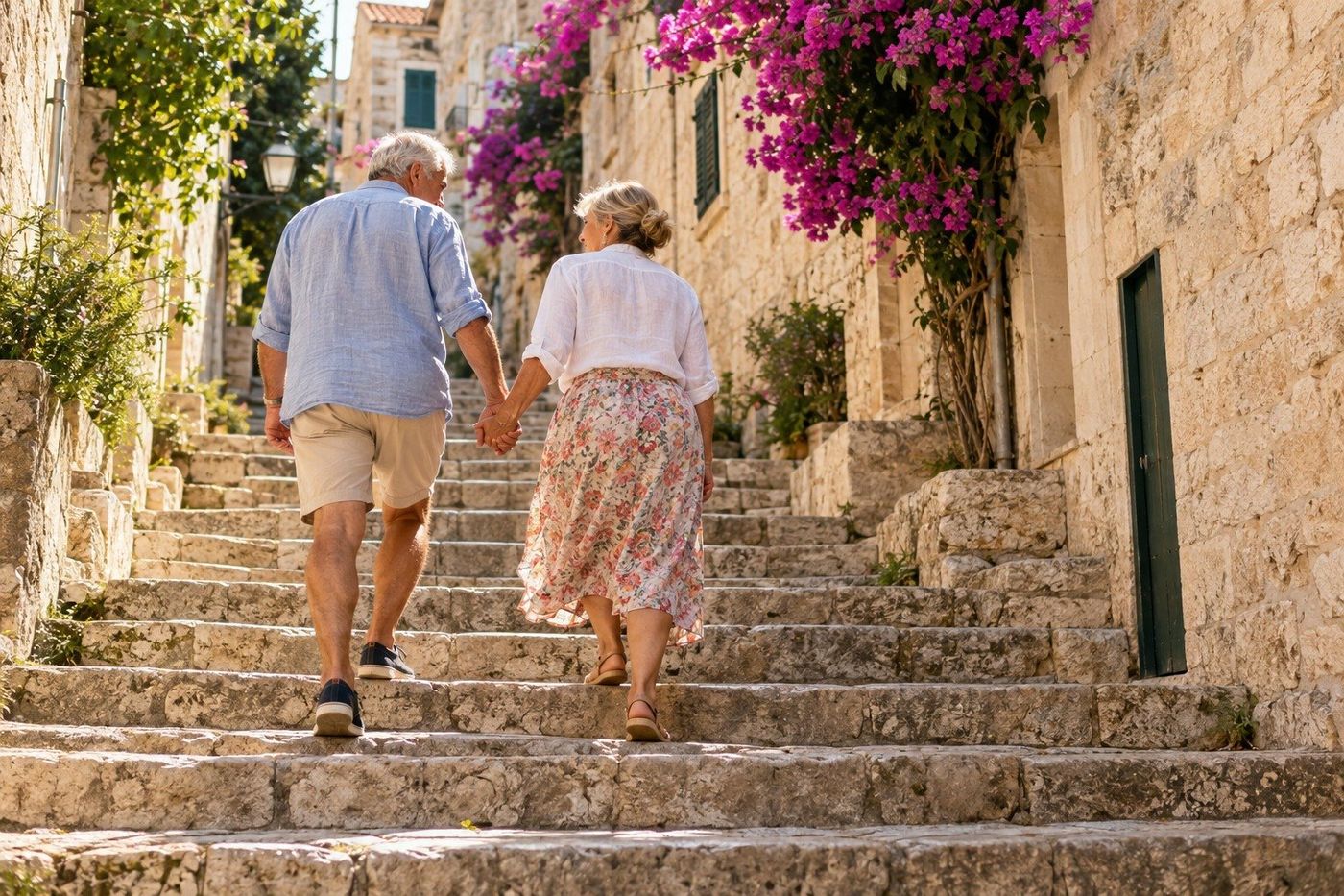 Muškarac i žena u šezdesetima penju se starim kamenim stubama dalmatinskog grada